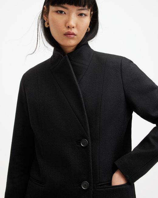 AllSaints Black Sidney Wool Cashmere Blend Tailored Coat