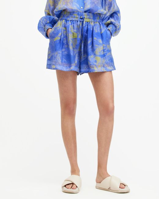 AllSaints Blue Isla Relaxed Fit Inspiral Print Shorts