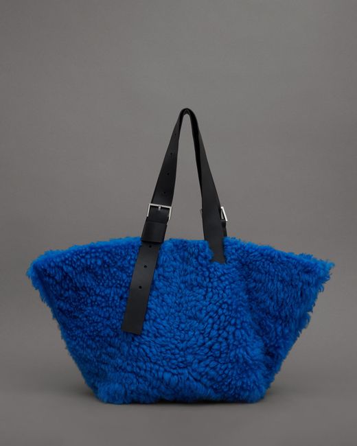 AllSaints Blue Anik Spacious Shearling Tote Bag
