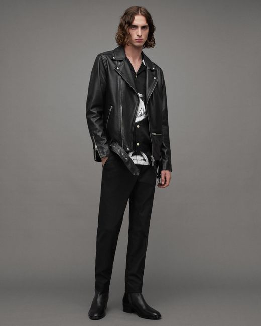 AllSaints Black Wick Leather Regular Fit Biker Jacket for men