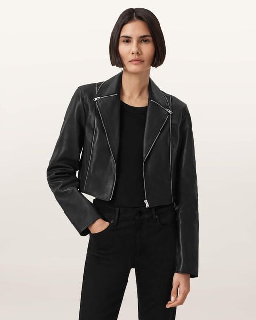 AllSaints Black Leather Landers Slim Fit Leather Biker Jacket, /Us 2