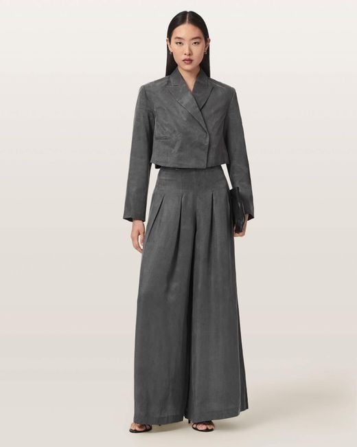 AllSaints Gray Marrlo Wide Leg Pleated Trousers