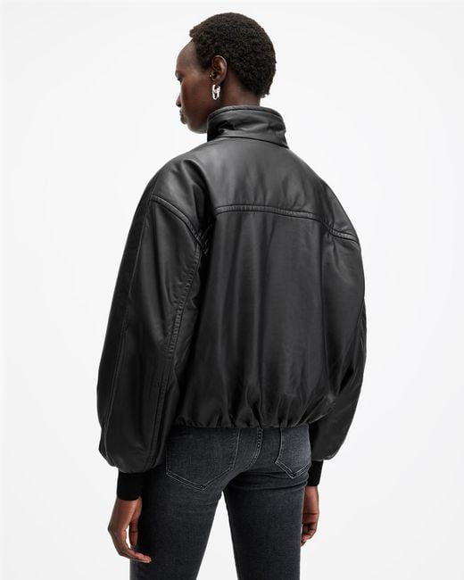 AllSaints Black Rowan Funnel Neck Leather Bomber Jacket