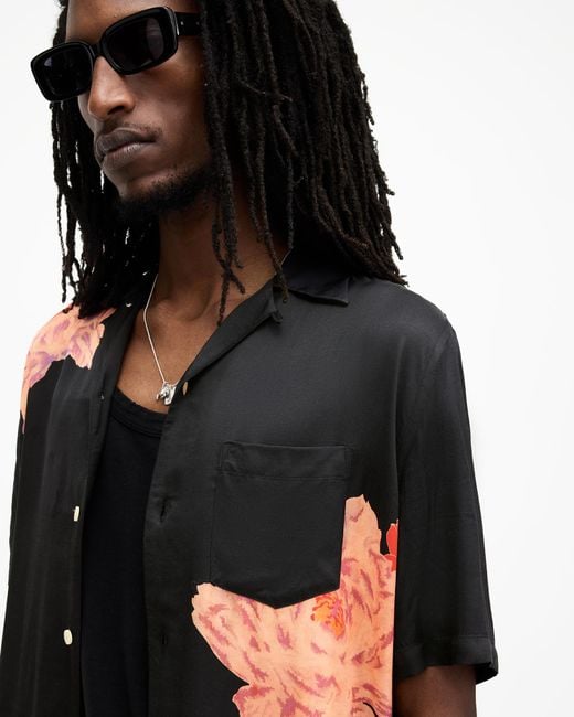 AllSaints Black Roze Floral Print Relaxed Fit Shirt, for men