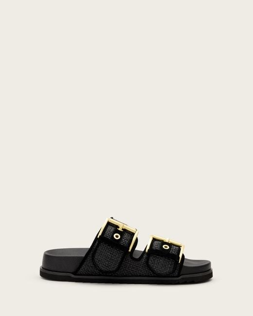 AllSaints Black Sian Leather And Raffia Buckle Sandals