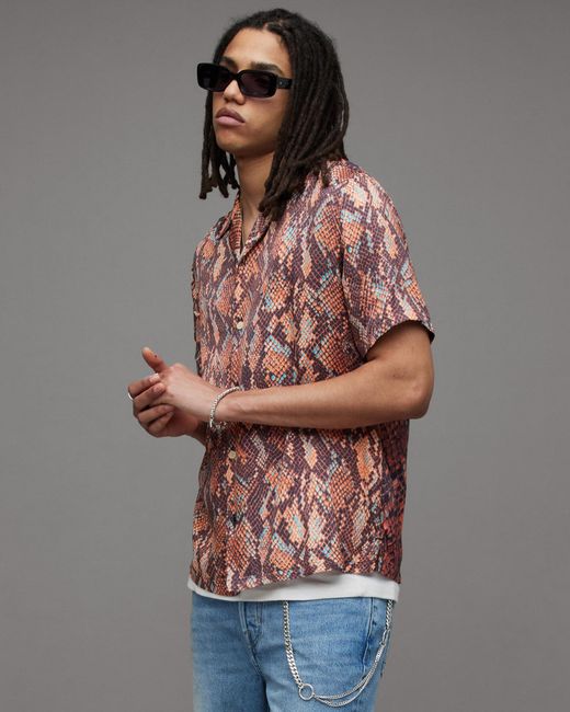 AllSaints Gray Rattle Snake Print Short Sleeve Shirt for men