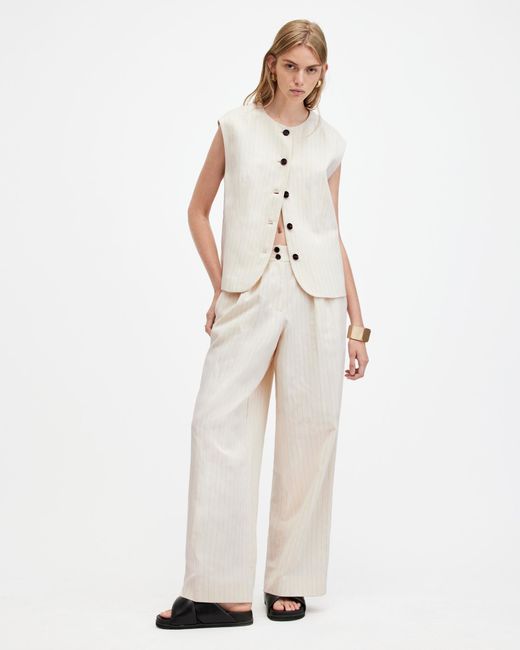 AllSaints White Payton Pinstripe Linen Blend Waistcoat