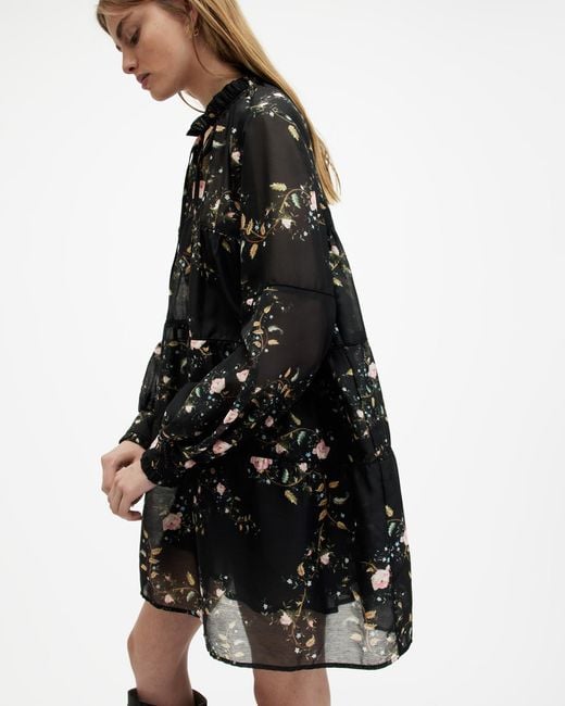 AllSaints Black Mindy Oversized Oto Floral Mini Dress,