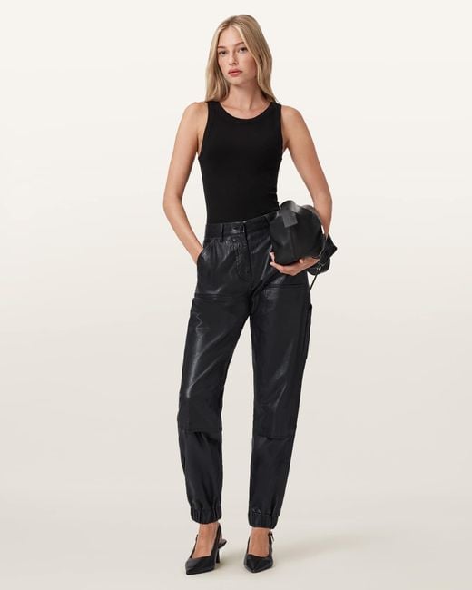 AllSaints Black Leather El Leather Carpenter Trousers, /Us 2