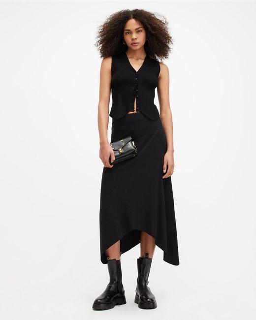 AllSaints Gia Asymmetrical Ribbed Midi Skirt, in Black | Lyst AllSaints Gia Asymmetrical Ribbed Midi Skirt, in Black | Lyst