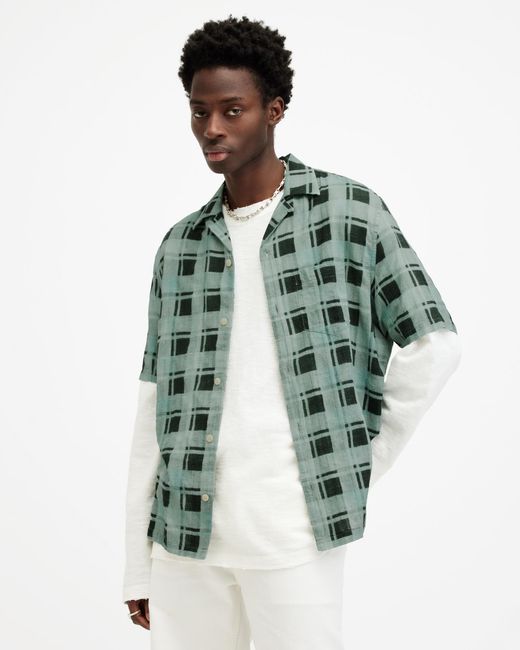 AllSaints Green Big Sur Checked Relaxed Fit Shirt, for men