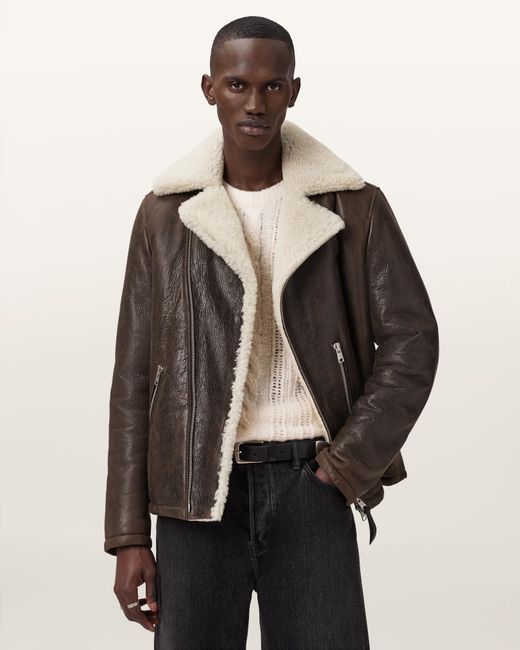 AllSaints Natural Xylon Shearling Biker Jacket for men