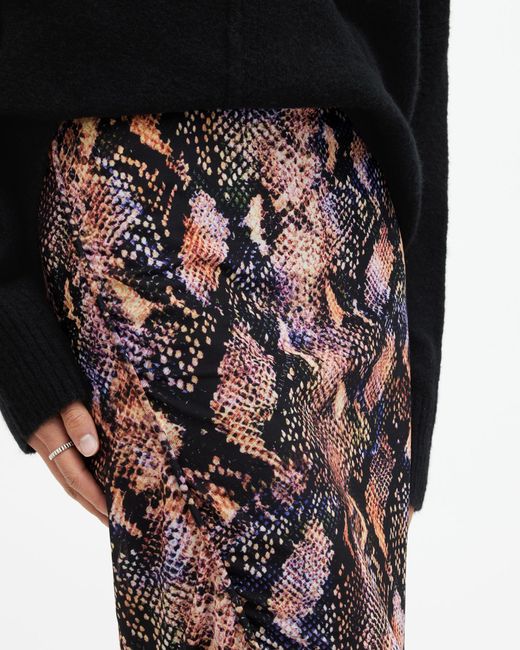 AllSaints Black Nora Tahoe Snake Print Midi Skirt