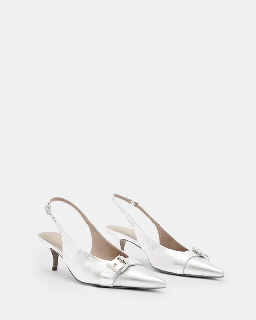 AllSaints White Selina Buckle-embellished Kitten-heel Leather Slingback Sandals