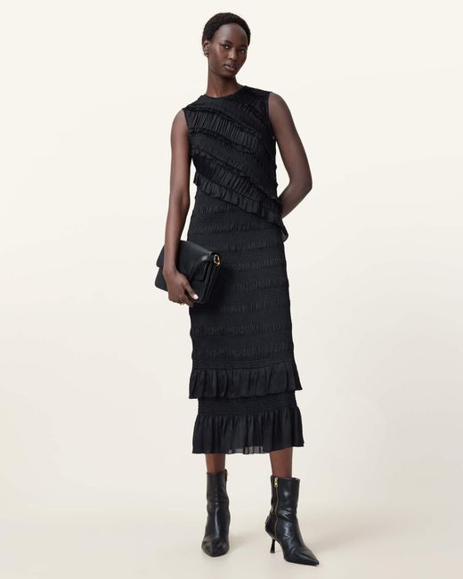 AllSaints Black Nyla Sleeveless Shirred Midi Dress