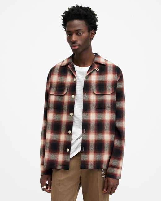 AllSaints Brown Fortunado Long Sleeve Check Embroidered Shirt for men