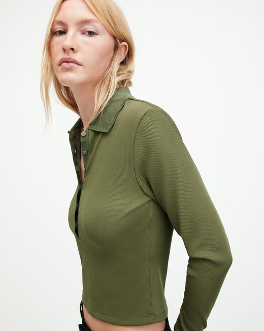 AllSaints Green Hallie Long Sleeve Ribbed Polo Shirt