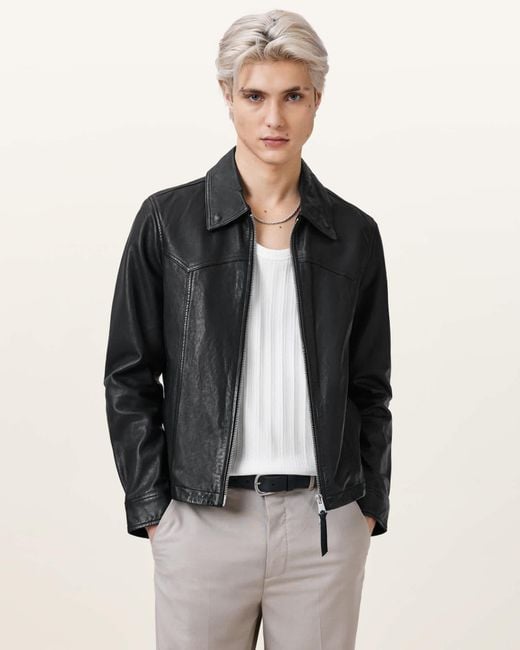 AllSaints Gray Nellcot Zip Up Leather Jacket for men