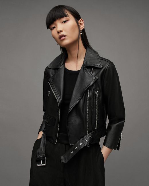 AllSaints Gray Brookes Cropped Leather Biker Jacket