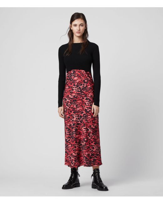 AllSaints Red Women's Animal Print Slim Fit Hera Ambient Dress