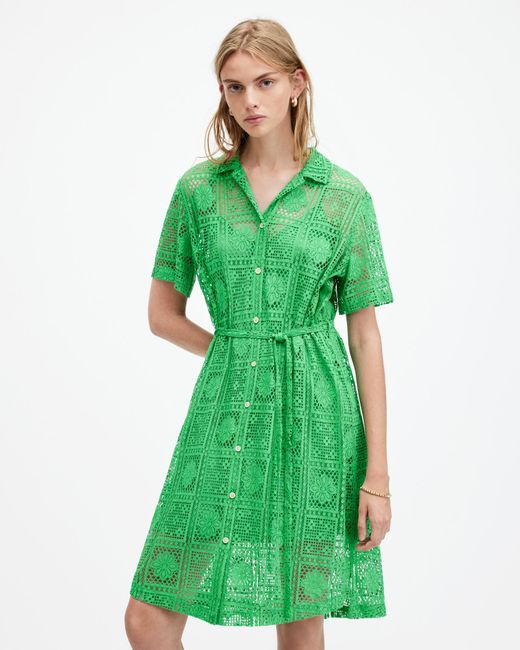 AllSaints Green Athea Crochet Mini Shirt Dress,