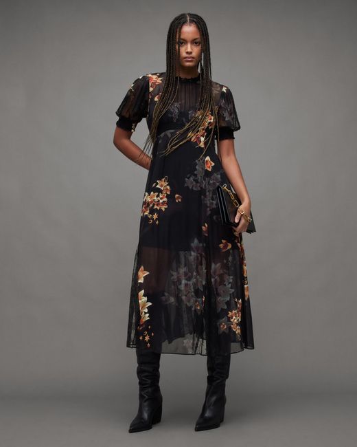 Lace Trimmed Floral Dress black フローラル レディース