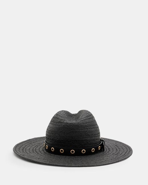 AllSaints Black Delilah Straw Fedora Eyelet Hat,