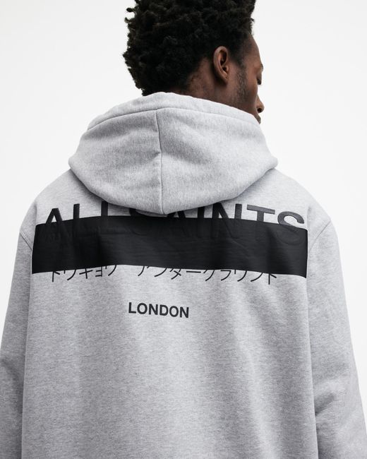 AllSaints Gray Redact Pullover Embroidered Logo Hoodie for men
