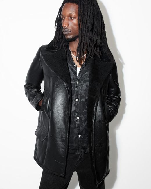 AllSaints Black Selkirk Double Breasted Shearling Coat for men