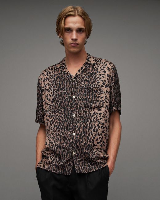 AllSaints Gray Leoza Leopard Print Relaxed Fit Shirt for men