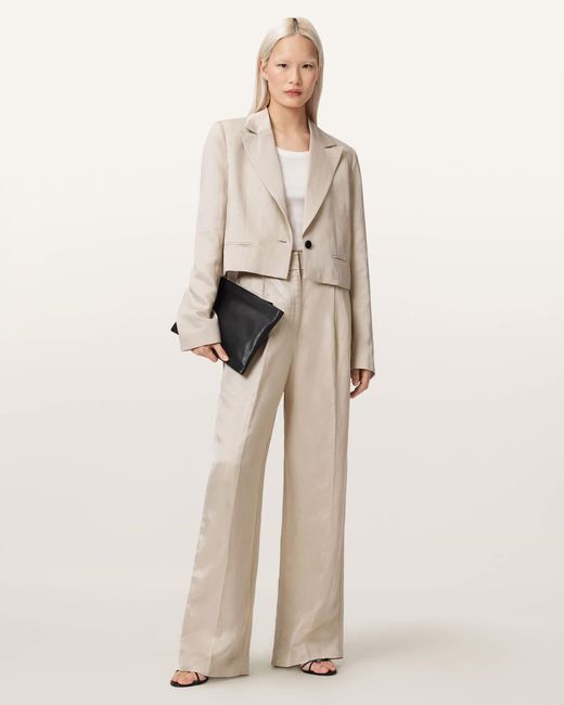 AllSaints Natural Helena Tailored Wide Leg Linen Blend Trousers