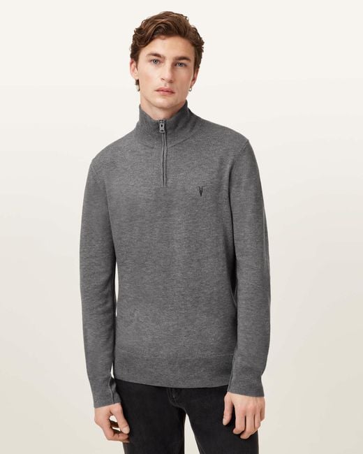 AllSaints Gray Kilburn Zip Funnel Neck Ramskull Jumper,, Carter for men