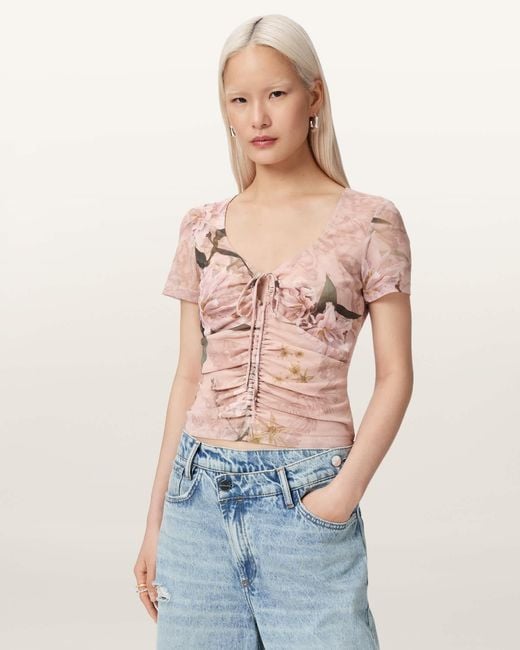 AllSaints Blue Polyester Gabby Slim Fit Floral Mesh Top, /Us 2