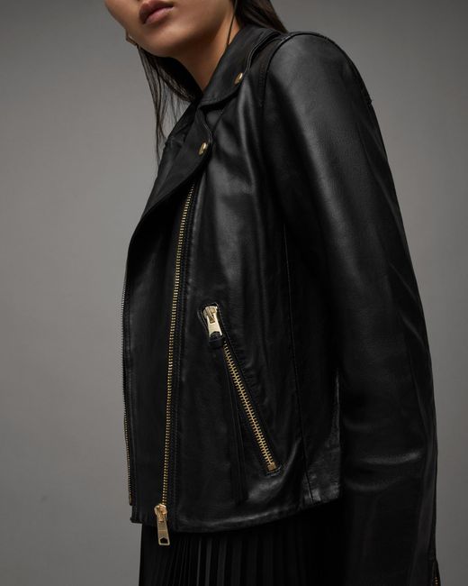 AllSaints Dalby Slim Fit Leather Biker Jacket in Black | Lyst