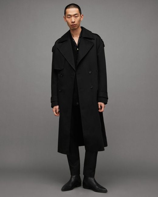 AllSaints Spencer Oversized Belted Trench Coat in Black for Men | Lyst