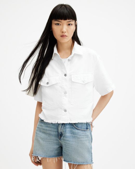AllSaints White Tove Cropped Oversized Denim Shirt