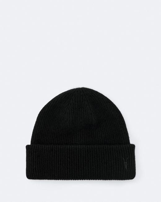 AllSaints Black Signature Ramskull Embroidered Wool Beanie for men