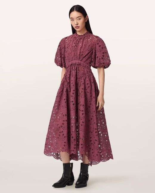 AllSaints Red Polyester Odette Broiderie Anglais Maxi Dress, /Us 0