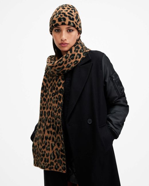 AllSaints Black Lex Leopard Print Brushed Scarf