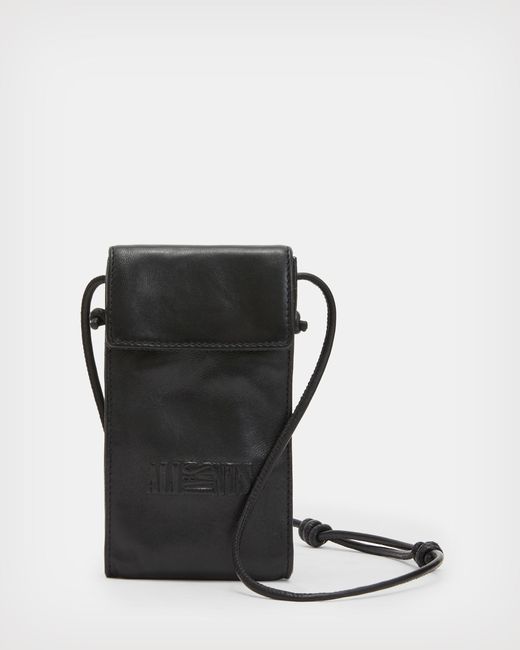 AllSaints Black Oppose Embossed Leather Phone Pouch, for men
