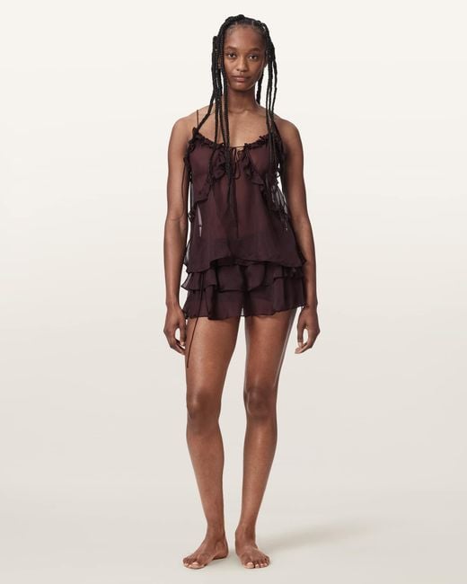 AllSaints Red Nyx Silk Smocked Shorts