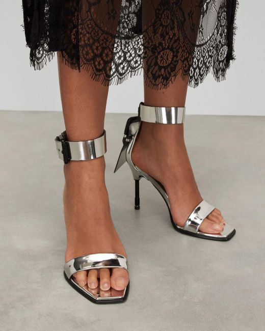 AllSaints Black Noir Metallic Leather High Heel Sandals