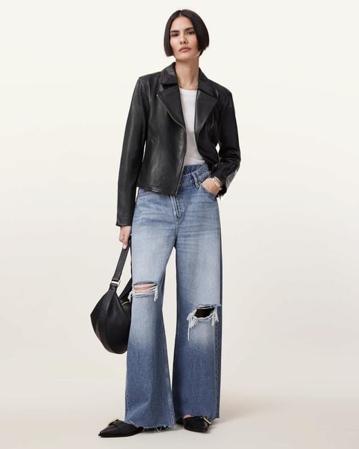 AllSaints Black Vela Slim Fit Leather Biker Jacket