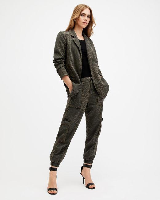 AllSaints Black Freda Leopard Print Denim Cargo Trousers