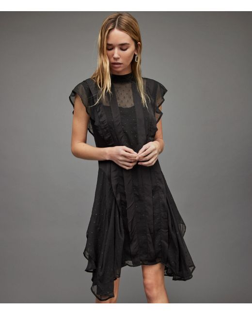 AllSaints Black Fleur Shimmer Mini Asymmetric Hem Dress