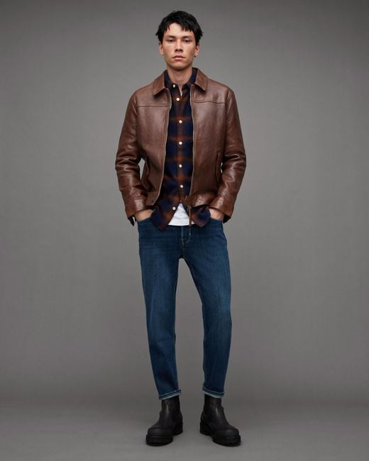 AllSaints Brown Brim Washed Leather Jacket for men