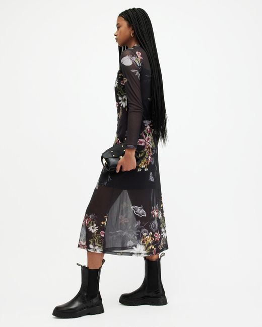 AllSaints White Hanna Funnel Neck Printed Midi Dress,