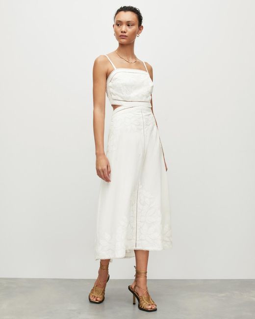 AllSaints White Cotton Floral Print Mala Broderie Cut Out Sleeveless Maxi Dress