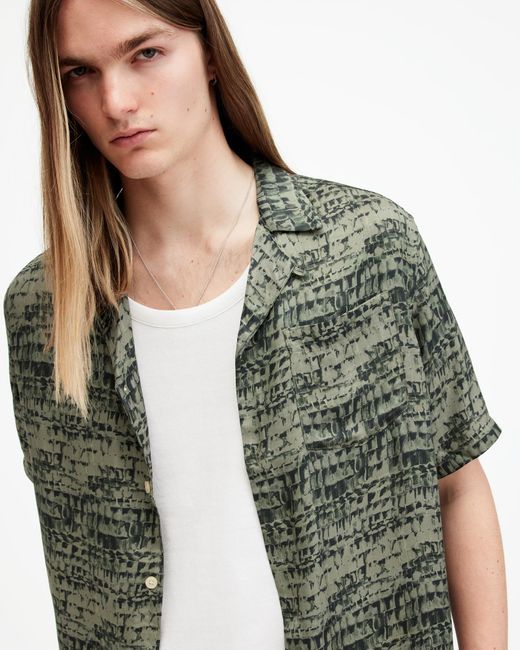 AllSaints Green Liszt Texture Print Relaxed Fit Shirt, for men