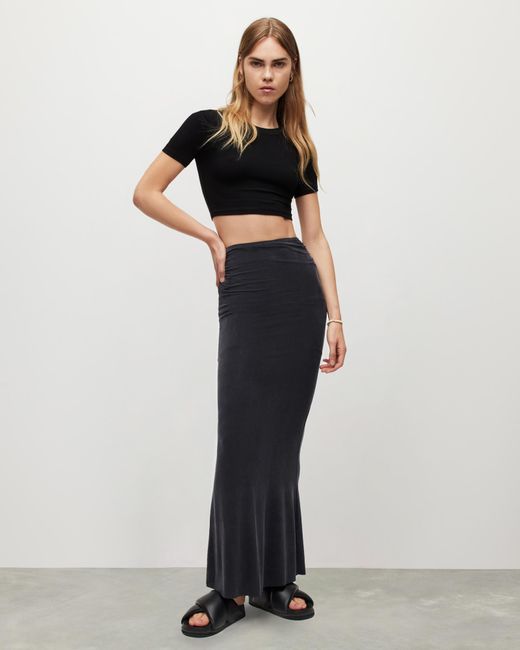 AllSaints Black Sierra Low Rise Side Gathered Maxi Skirt